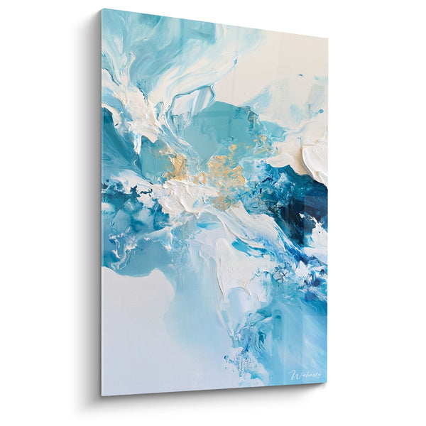 Tableau Vagues texturées turquoise et blanc aux éclats cuivrés - Relief doré central - Edition abstrait moderne
