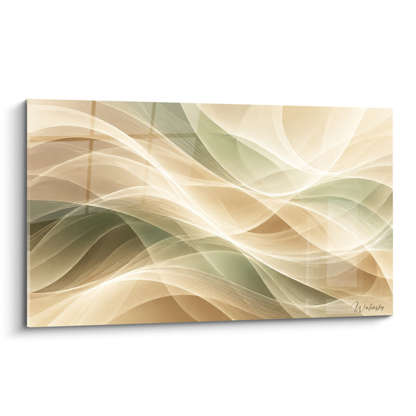 Tableau Rubans fluides beige et vert olive entrelacés - Voile lumineux croisé - Edition abstrait moderne
