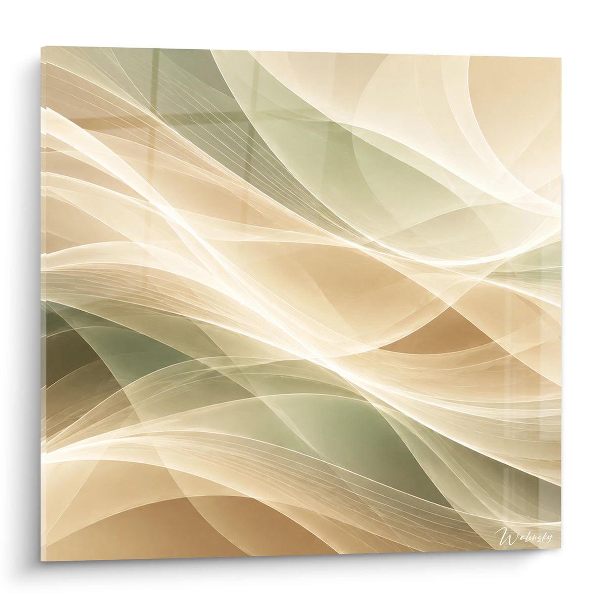 Tableau abstrait moderne aux vagues translucides sable et vert sauge, composition fluide pleine toile
