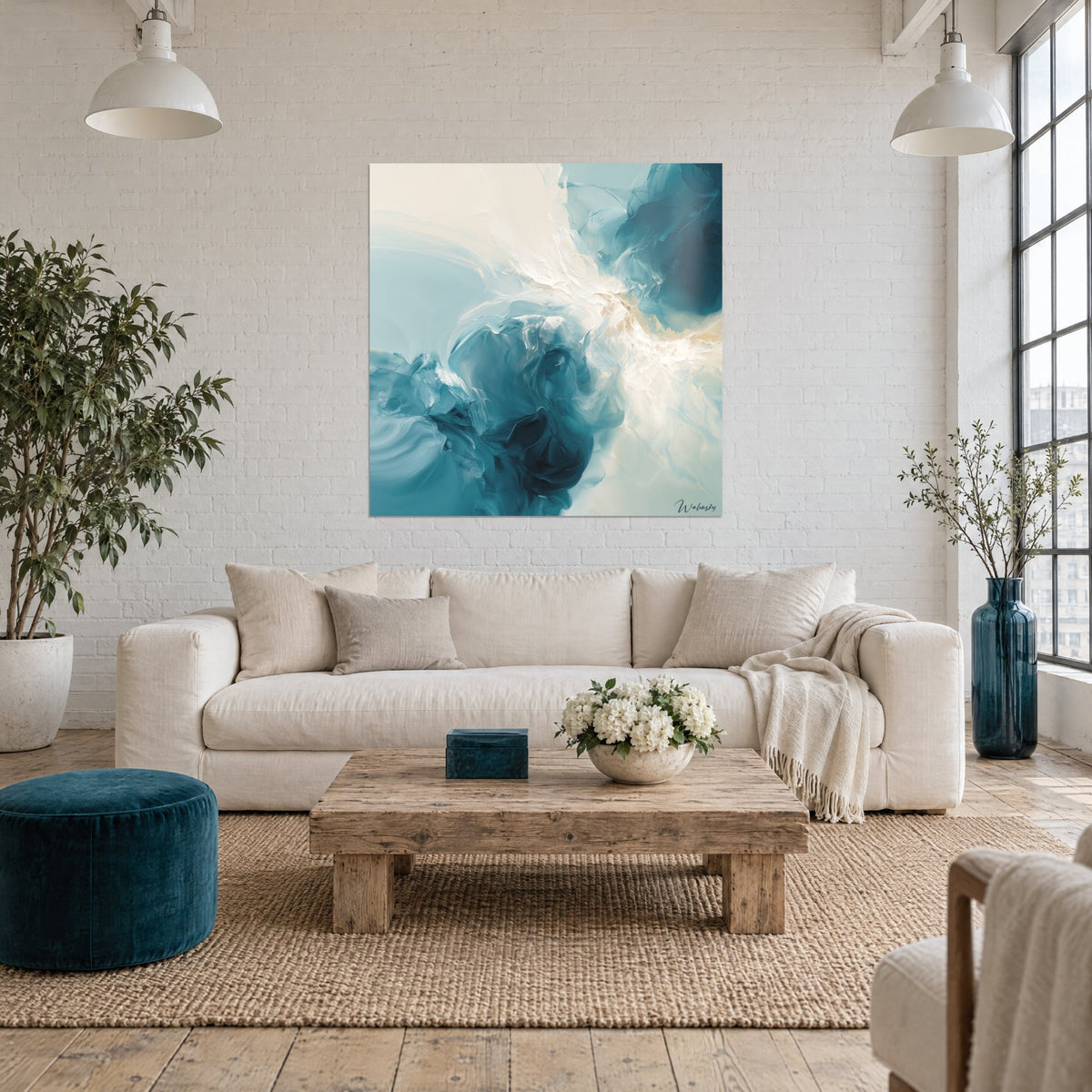 Tableau vagues sarcelle tourbillonnantes sur fond crème, empâtements blancs lumineux, au-dessus d'un canapé dans un salon lumineux