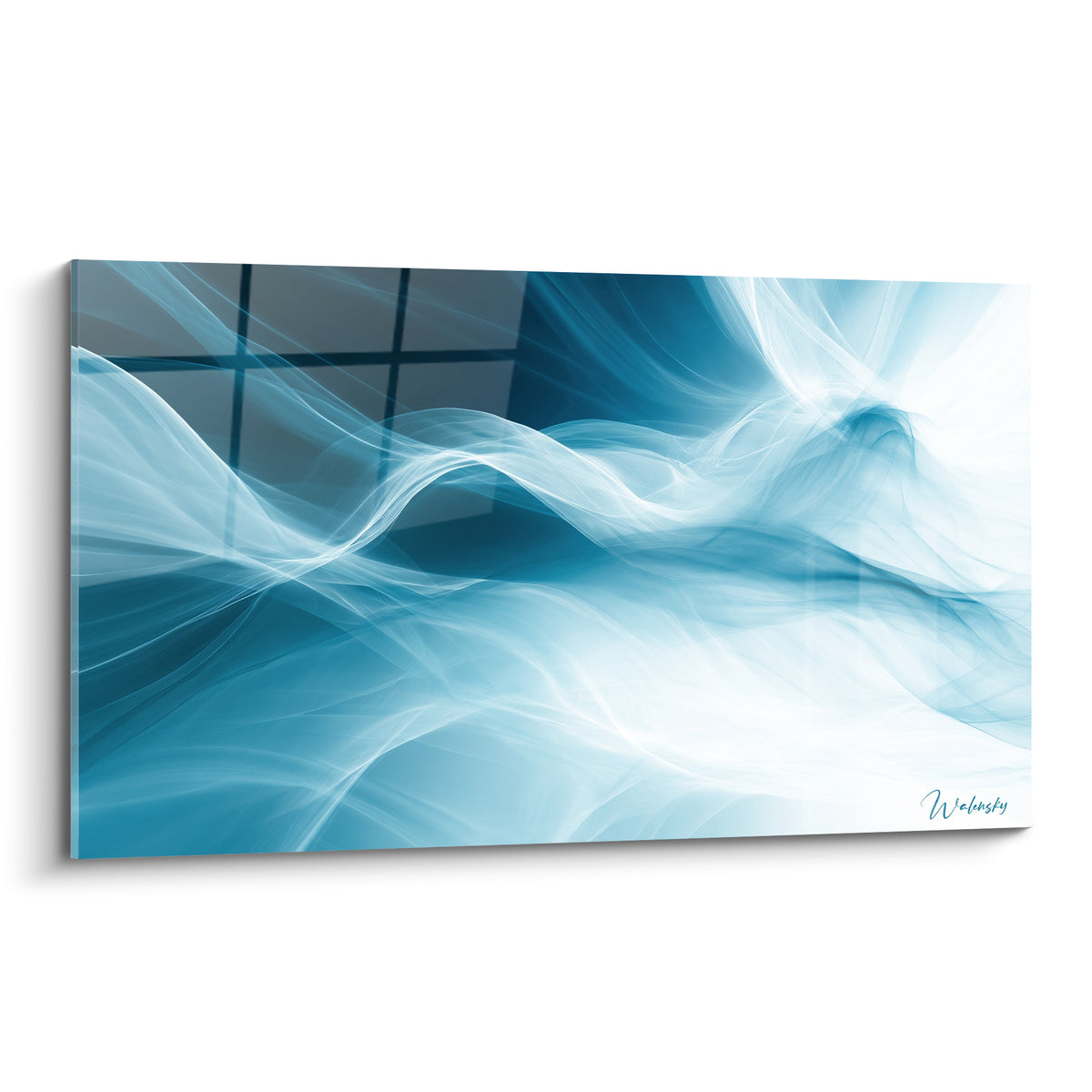 Tableau vagues de fumée bleu turquoise et blanc nacré en plein cadre, composition fluide abstraite