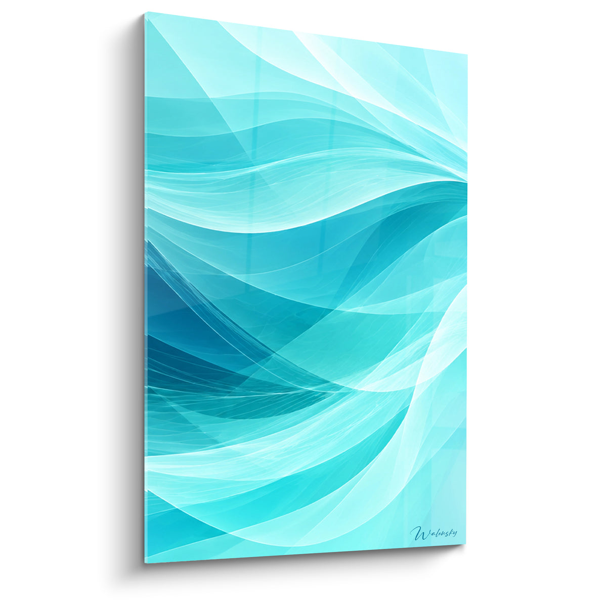 Tableau vagues fluides turquoise et bleu marine, composition abstraite en gros plan sur fond clair