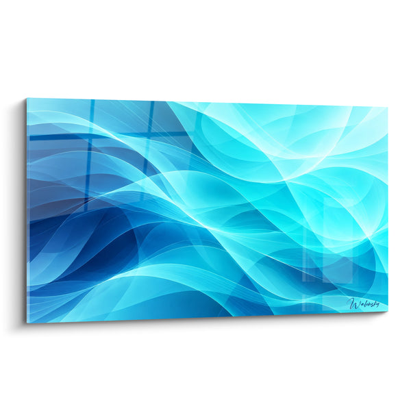Tableau Vagues bleu marine et turquoise aux carreaux translucides - Grille lumineuse discrète - Edition abstrait moderne