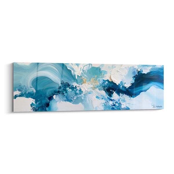 Tableau Vagues turquoise et blanc aux éclats dorés - Tourbillon central doré - Edition abstrait moderne