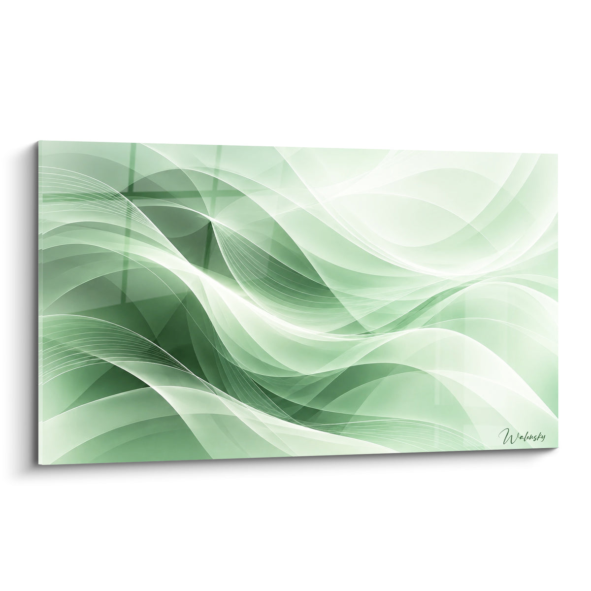 Tableau vagues abstraites vert sauge et blanc cassé en plein cadre, courbes fluides et lumineuses