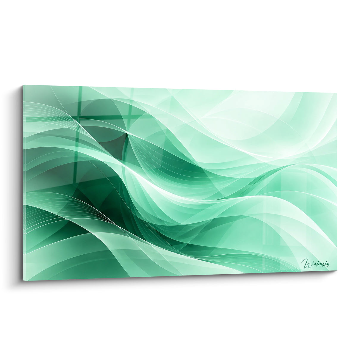 Tableau abstrait moderne aux vagues fluides vert sauge et blanc nacré en plein cadre