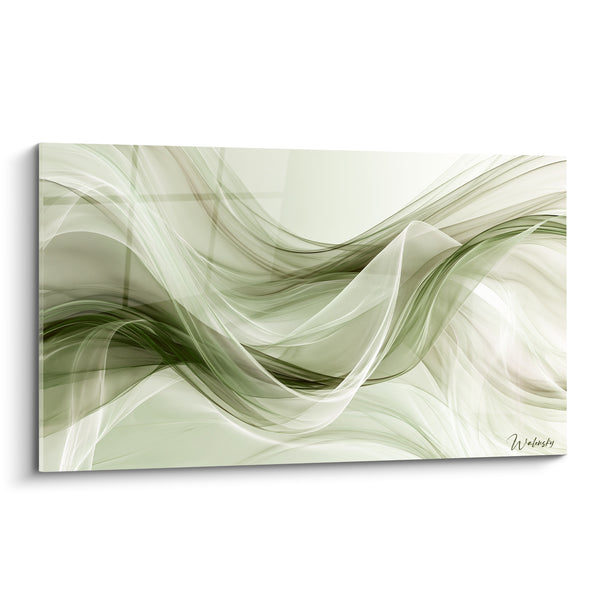 Tableau Rubans fluides vert olive et blanc croisés - Mèches entrelacées - Edition abstrait moderne