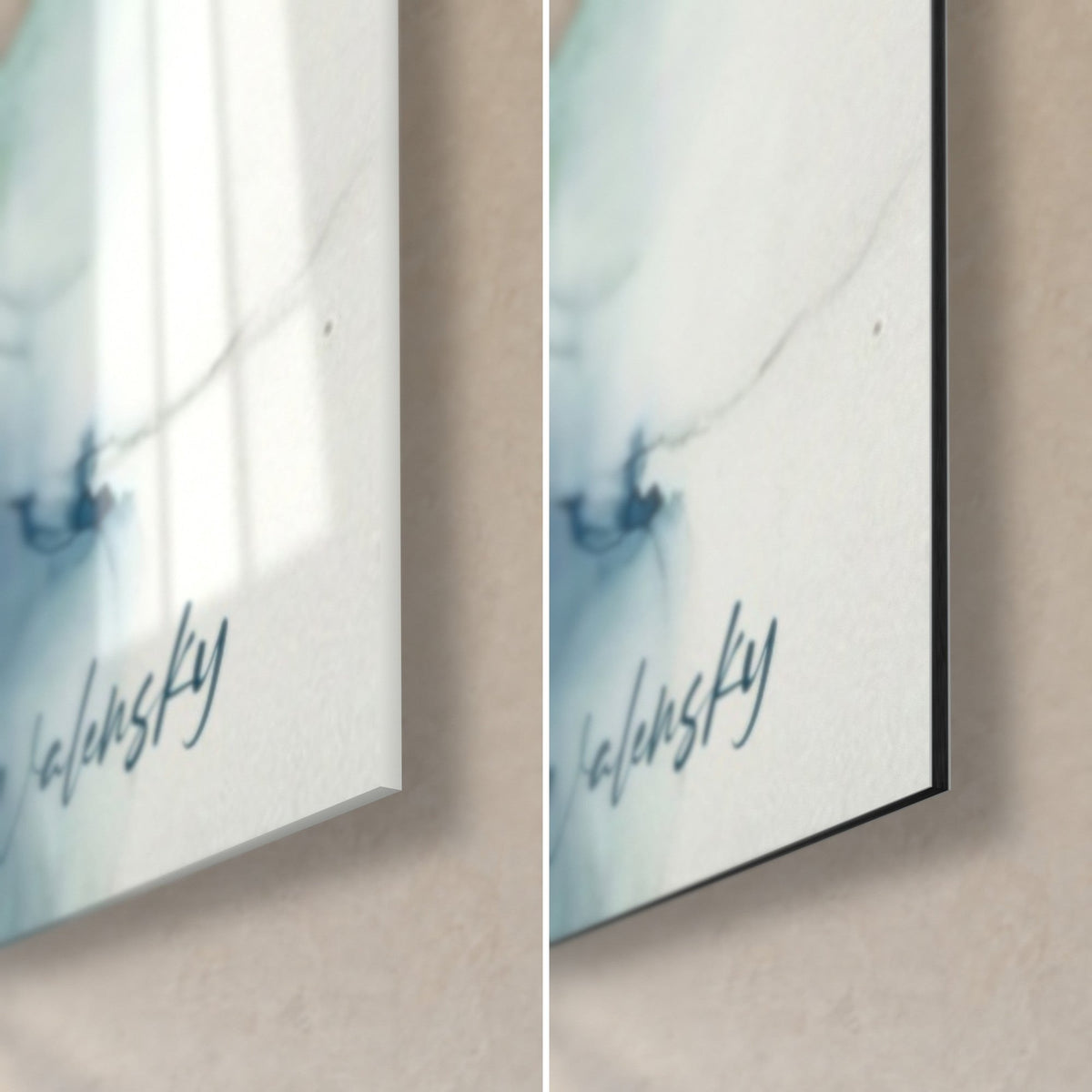 Gemälde in Marmoroptik Blau und Grün, untere rechte Ecke: glänzendes Acrylglas mit Reflexen, mattschwarzes Alu-Dibond, 3 mm Kante