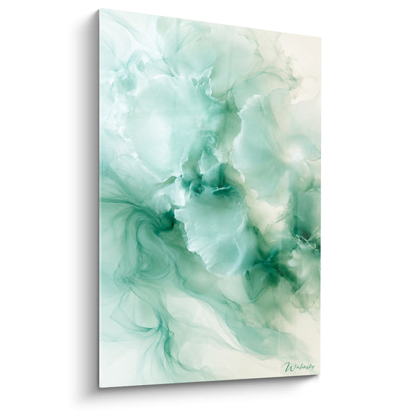 Tableau Vagues vert céladon et blanc aux volutes tourbillonnantes - Nappe diaphane - Edition abstrait moderne