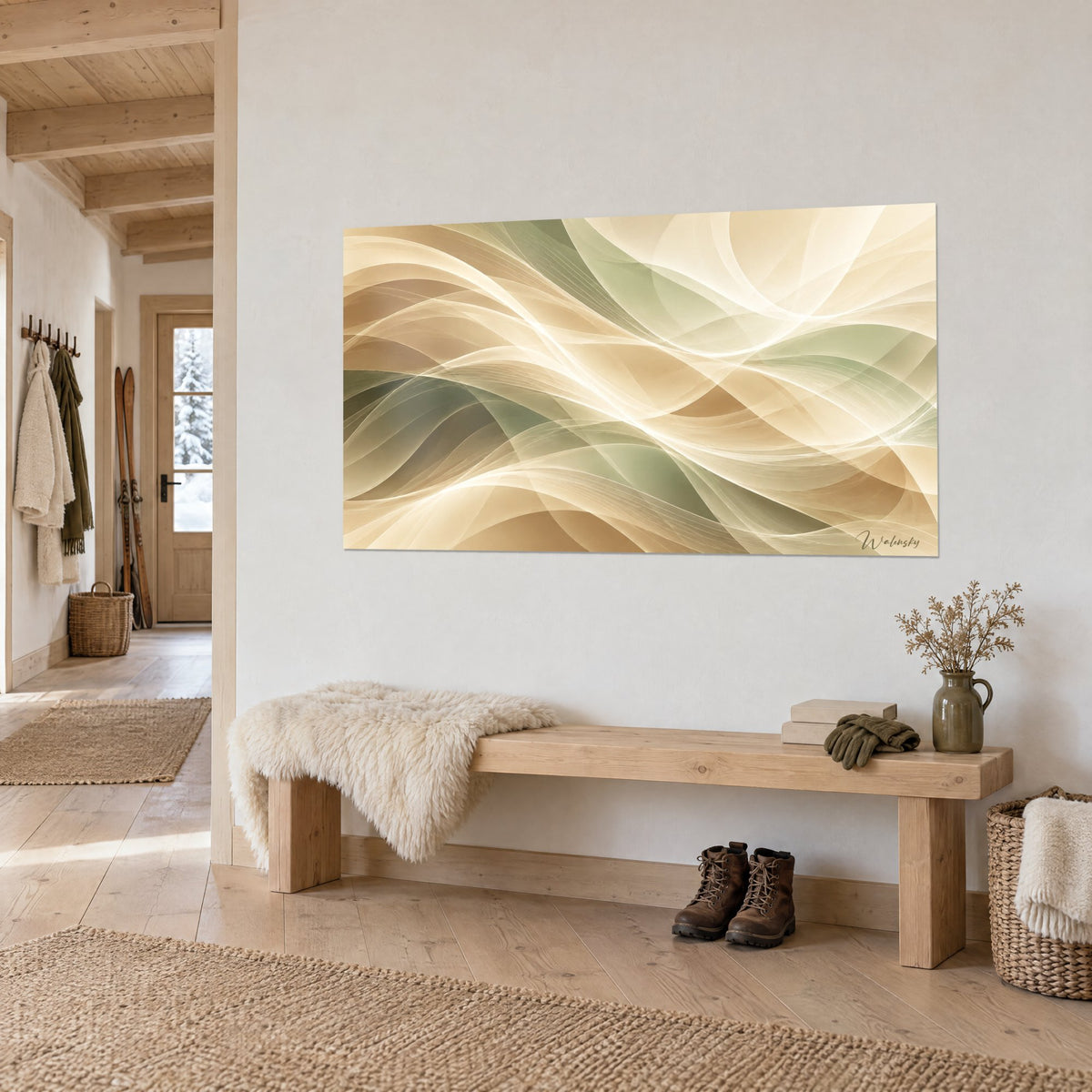 Tableau voiles translucides crème et vert sauge entrelacés sur mur blanc, banc en bois clair, chalet en vue de trois-quarts