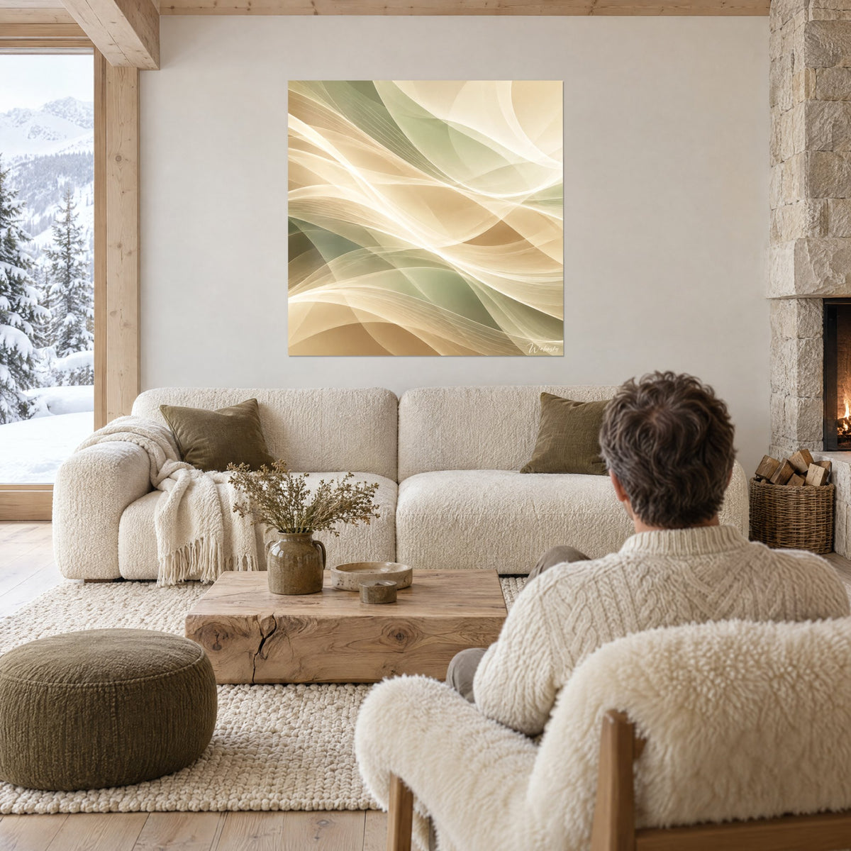 Tableau voiles de soie sable et sauge, rubans ivoire translucides, au-dessus d'un canapé dans un salon lumineux
