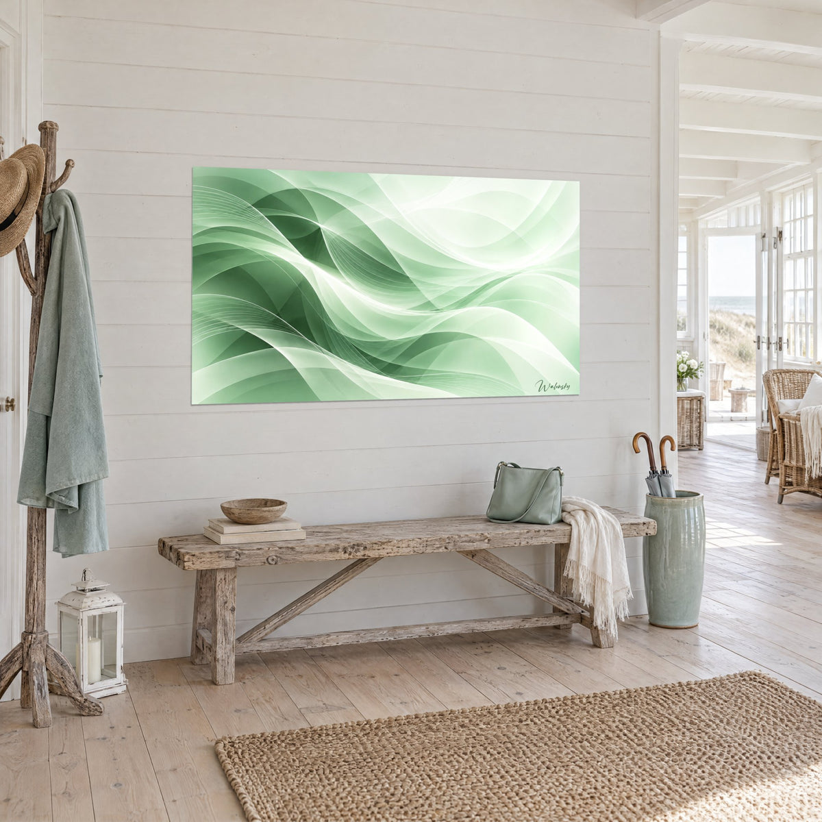 Tableau voiles translucides en croisillons, vert tendre et blanc nacré, vus de trois-quarts, maison de bord de mer