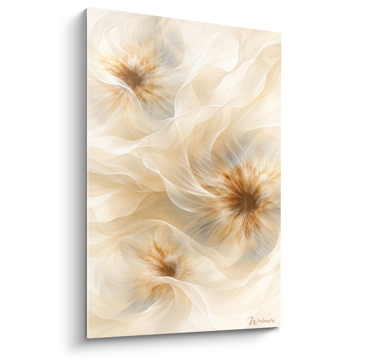 Tableau abstrait moderne aux volutes beige et ocre formant trois tourbillons dorés soyeux