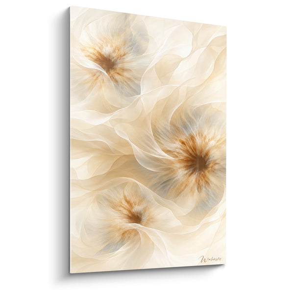 Tableau Fleurs beige et ambre aux trois cœurs rayonnants - Triple éclosion dorée - Edition abstrait moderne