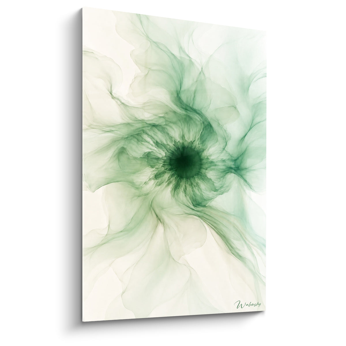 Tableau vortex organique vert émeraude et ivoire aux volutes diffuses centrées sur un noyau sombre
