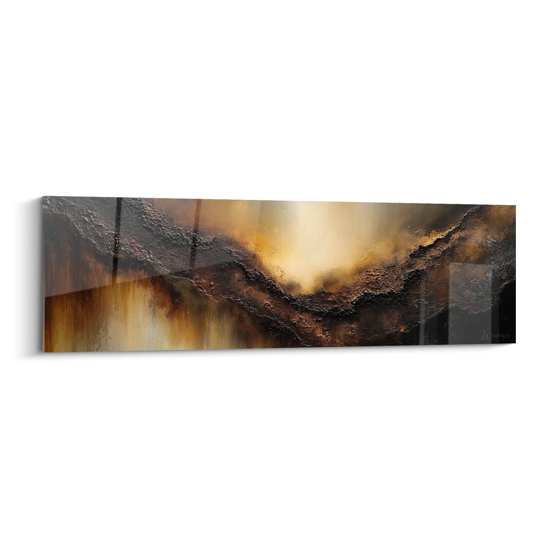 Tableau abstrait paysage montagneux tons dores cuivres lumiere centrale feng shui nord-est terre