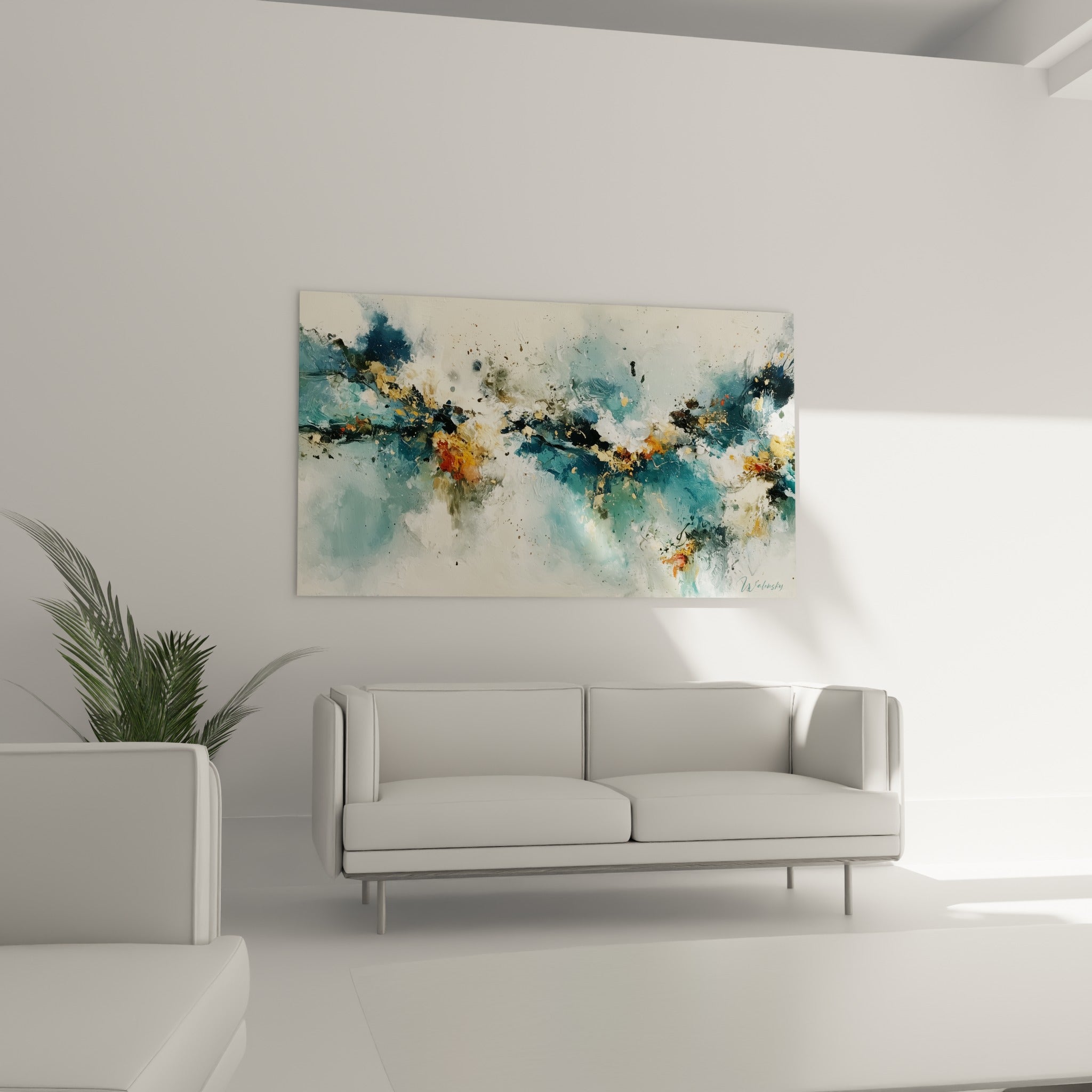 Mouvements fluides bleu pétrole et touches dorées d'une toile abstraite au-dessus d'un canapé dans un salon lumineux