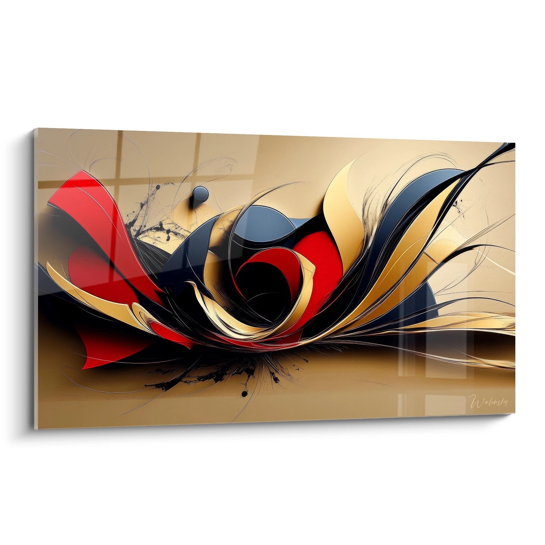 Tableau abstrait mouvement spiralé rouge et or sur fond beige - art moderne minimaliste