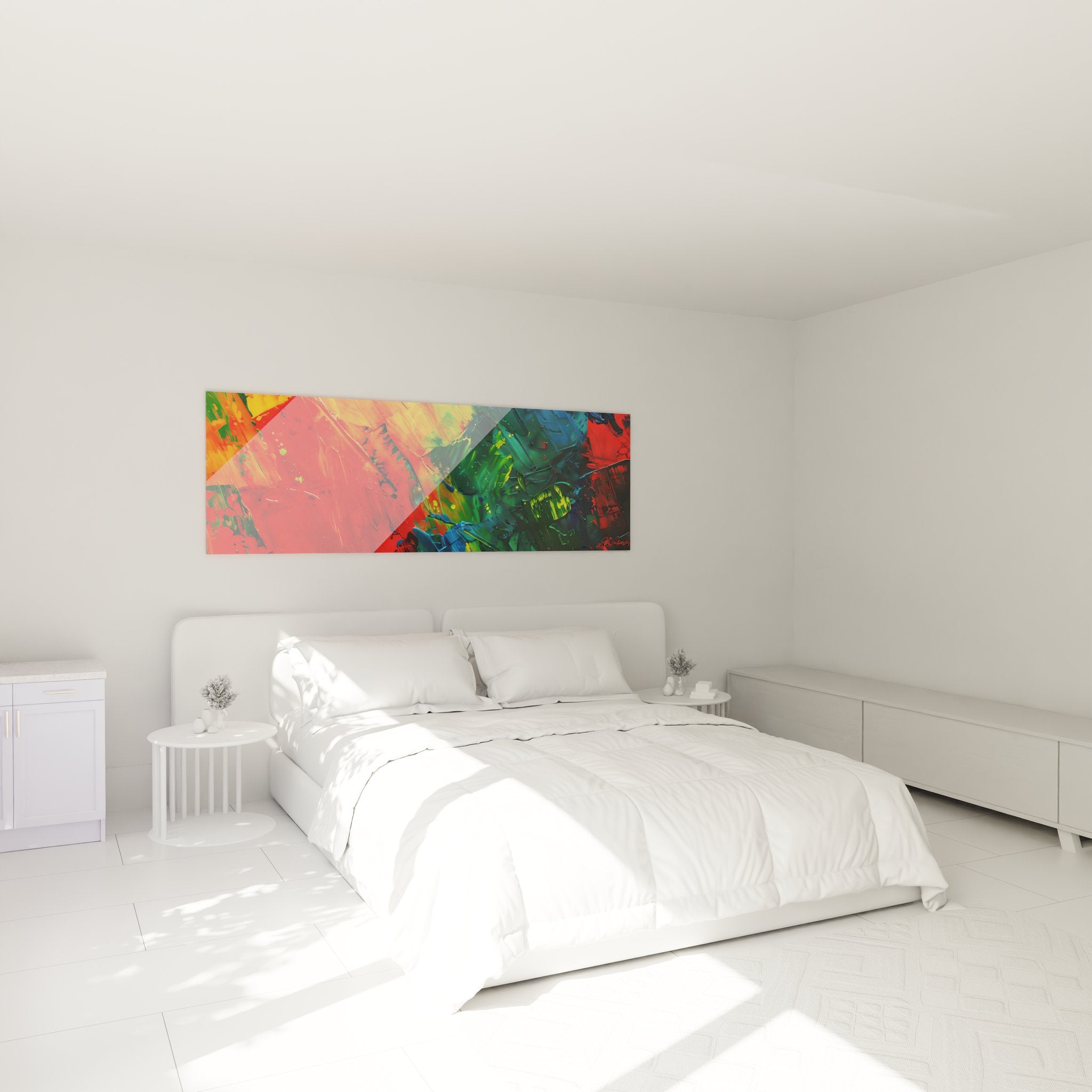 Tableau abstrait multicolore rouge vert bleu dans chambre moderne décoration murale contemporaine