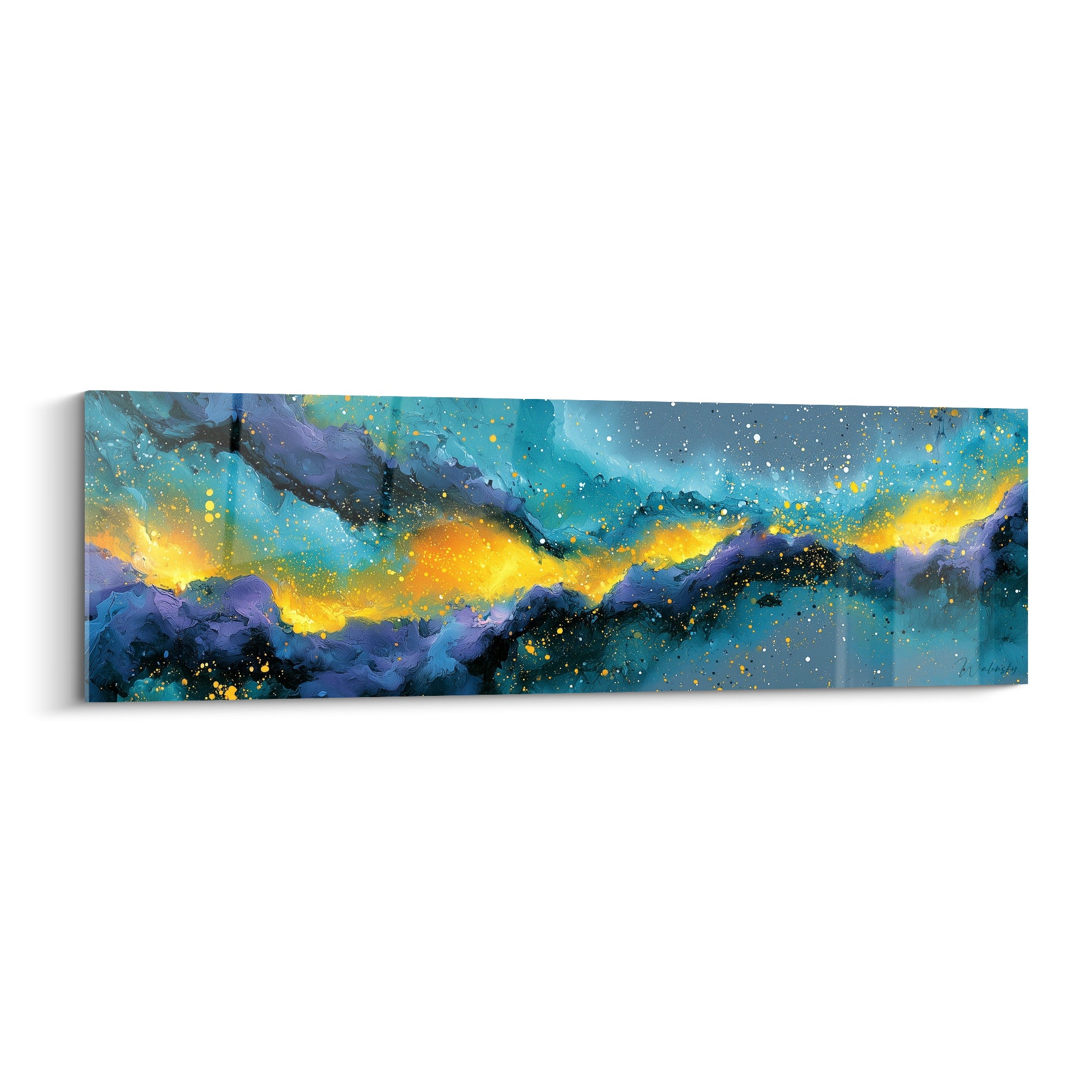 Nébuleuse abstraite bleu marine et doré, éclaboussures lumineuses sur toile panoramique