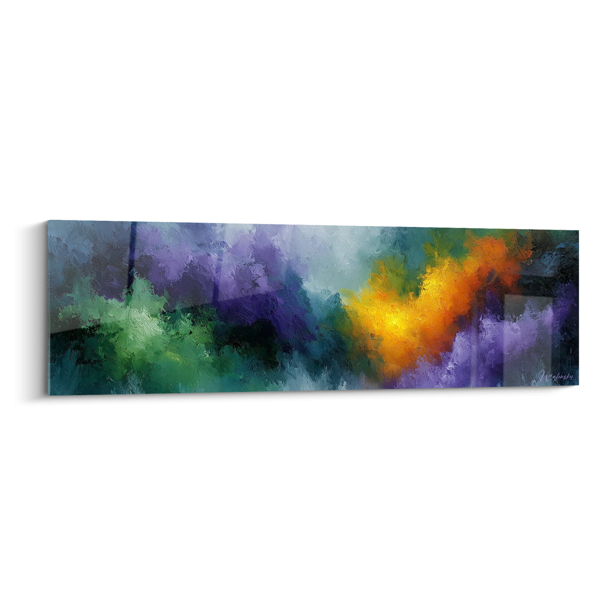 Nébuleuse abstraite violette et orangée aux textures épaisses, contrastes vert sauge et anthracite