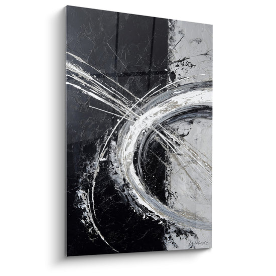 Abstract black and white artwork with dynamic circular movements feng shui west metal metallic energy style