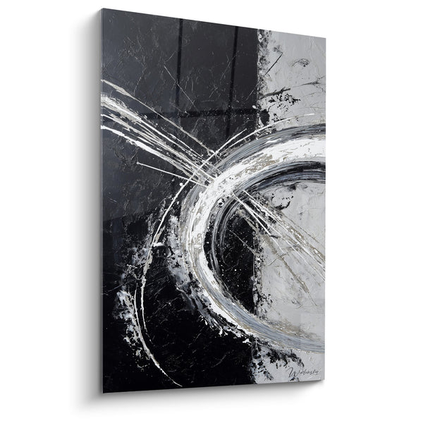 Abstract zwart-wit schilderij met dynamische cirkelvormige bewegingen - Metalen Energie - Feng Shui West Metaal Editie