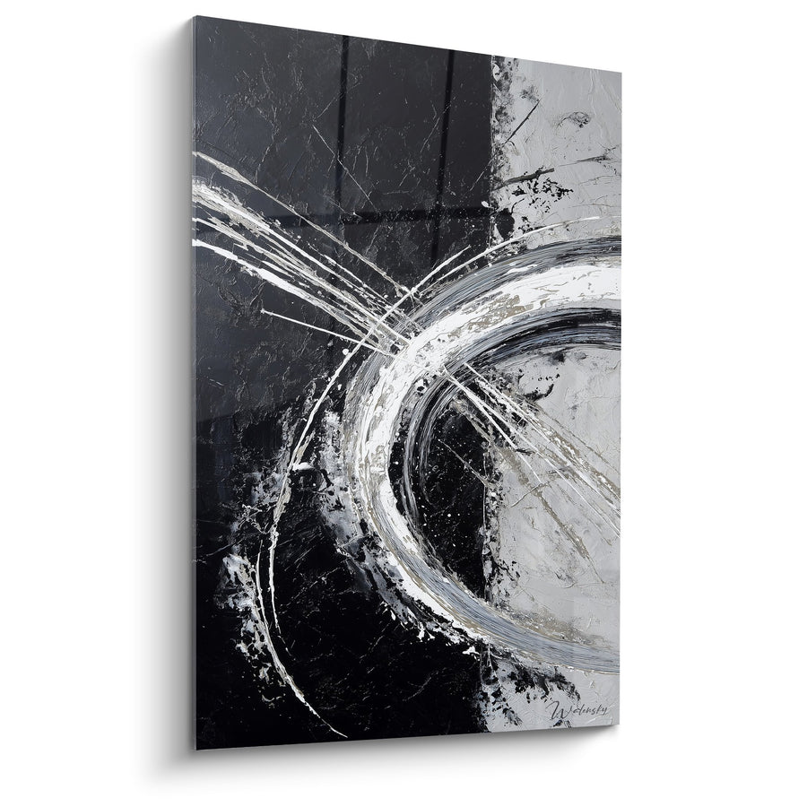 Tableau abstrait noir et blanc avec mouvements circulaires dynamiques - Énergie Métallique - Edition Feng shui Ouest Métal