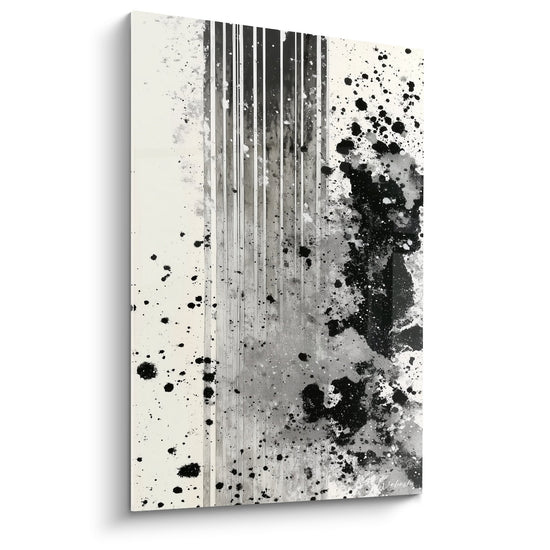 tableau abstrait noir blanc eclaboussures encre lignes verticales feng shui ouest metal moderne