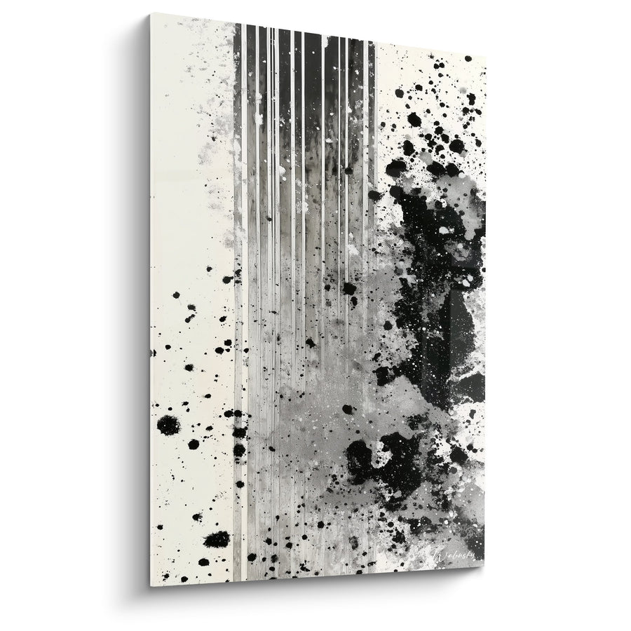Tableau abstrait noir et blanc avec éclaboussures et lignes verticales - Harmonie graphique - Edition Feng shui Ouest Métal