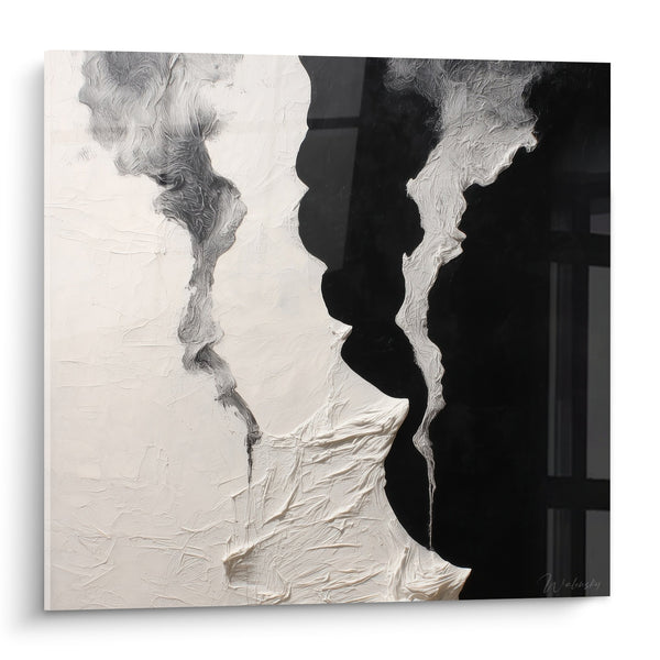 Abstract zwart-wit schilderij met vloeiende organische vormen - Contrastrijk harmonie - Feng shui Noordoost Metaal editie
