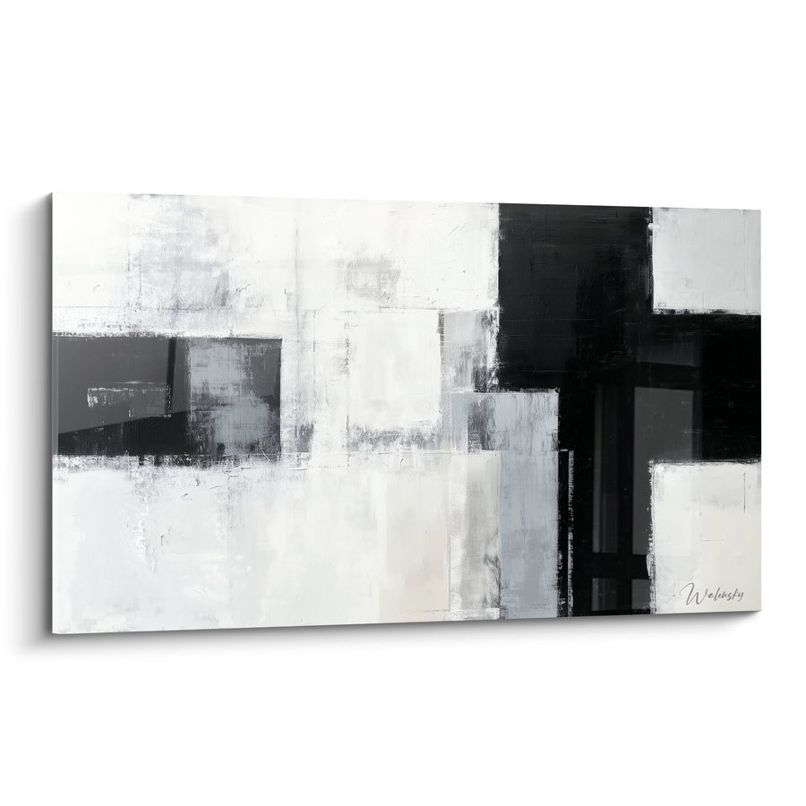 Tableau Abstrait Noir Blanc Gris Composition Géométrique - Harmonie Minimaliste - Edition Feng shui Ouest Métal