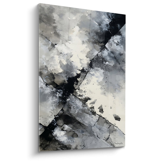 Tableau abstrait noir blanc gris avec nuages de fumée et éclaboussures d'encre feng shui ouest métal