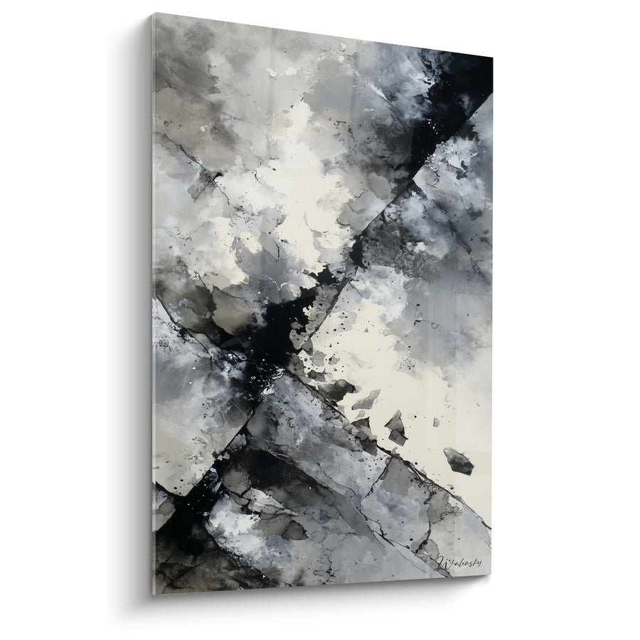 Tableau abstrait noir et blanc avec nuages de fumée grise - Tempête Métallique - Edition Feng shui Ouest Métal