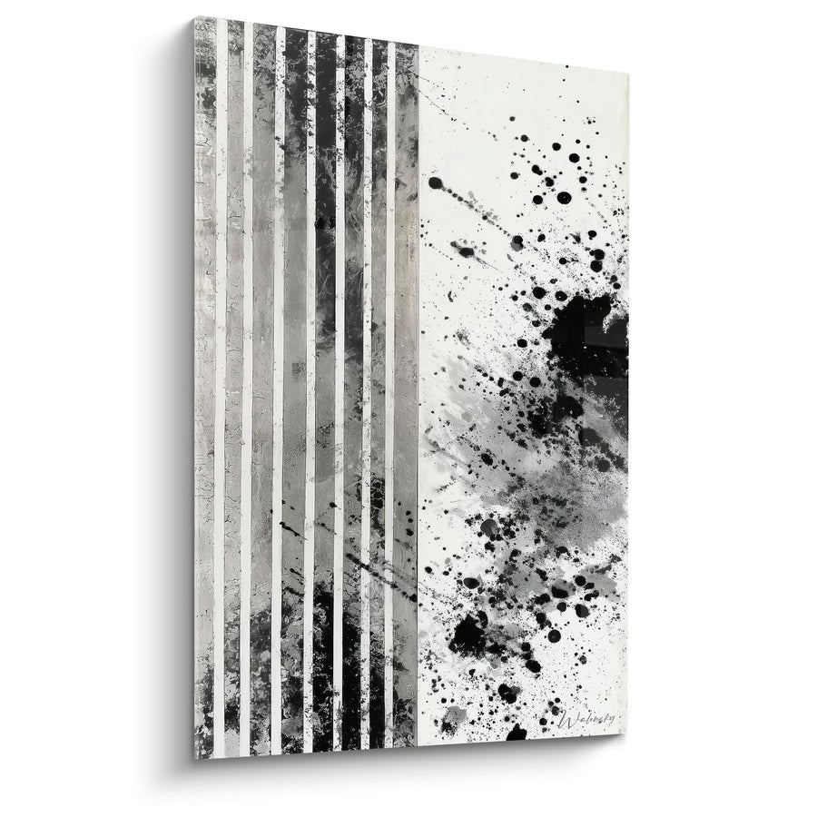 Tableau Abstrait Noir et Blanc Rayures et Projections - Équilibre Contrasté - Edition Feng shui Ouest Métal