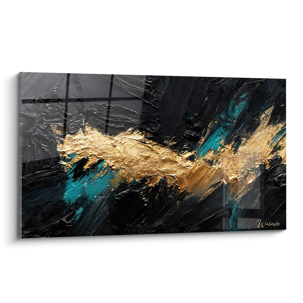 Tableau abstrait noir et or avec coulée dorée texturée et touches de turquoise en pleine toile