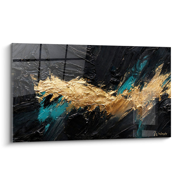 Tableau Coulée dorée aux reflets turquoise - Éclaircie nocturne - Edition Abstrait noir et or