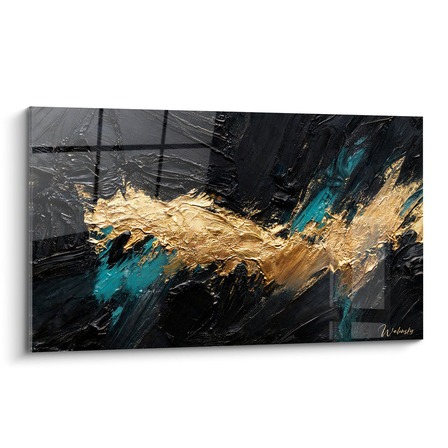 Tableau Coulée dorée aux reflets turquoise - Éclaircie nocturne - Edition Abstrait noir et or
