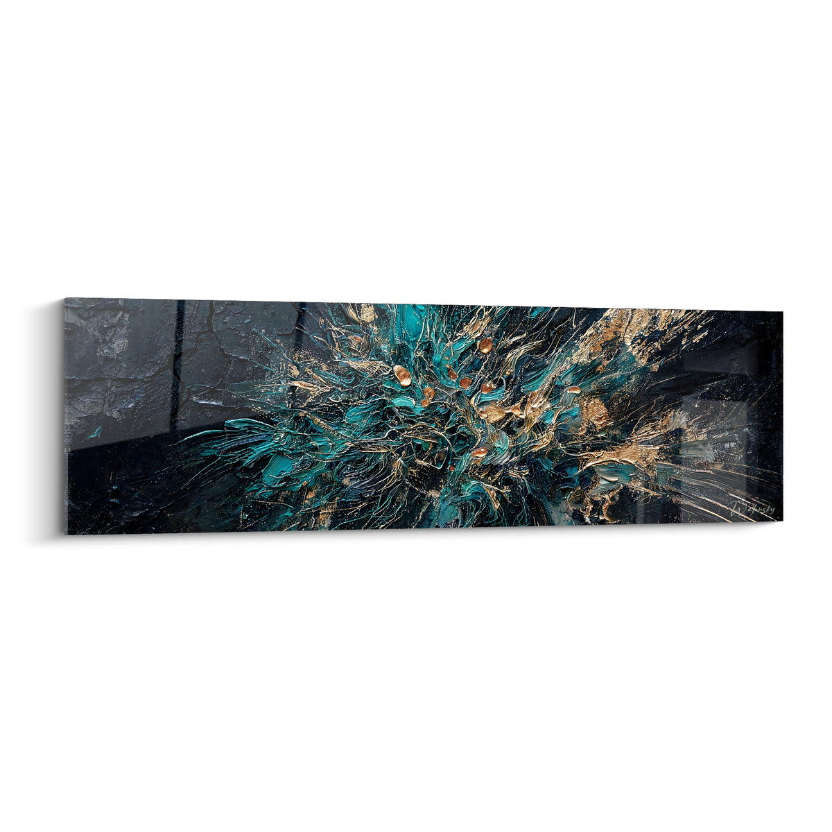 Tableau abstrait noir et or avec explosion turquoise et dorée, matière texturée en plein cadre