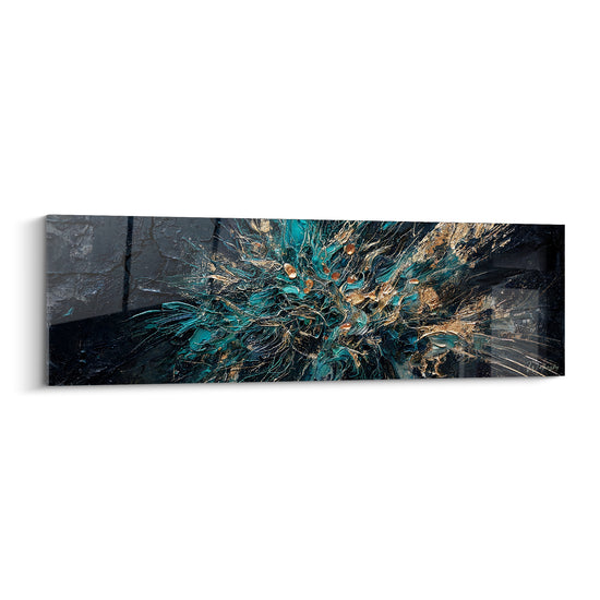 Tableau Explosion de fibres turquoise et dorées - Déflagration figée - Edition Abstrait noir et or