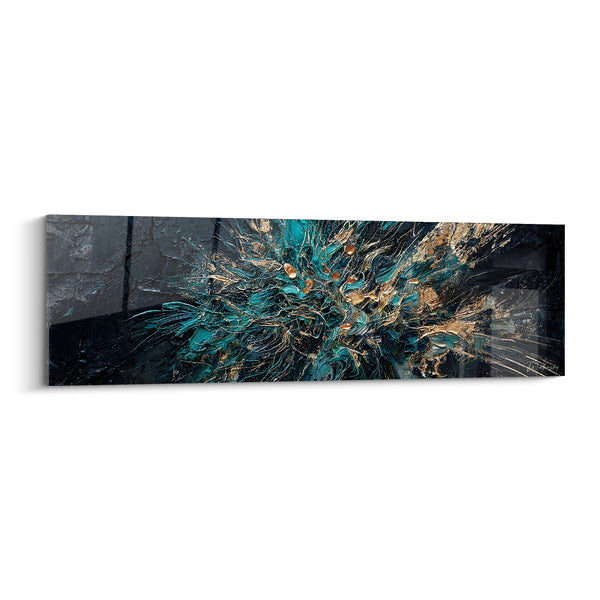 Tableau Explosion de fibres turquoise et dorées - Déflagration figée - Edition Abstrait noir et or