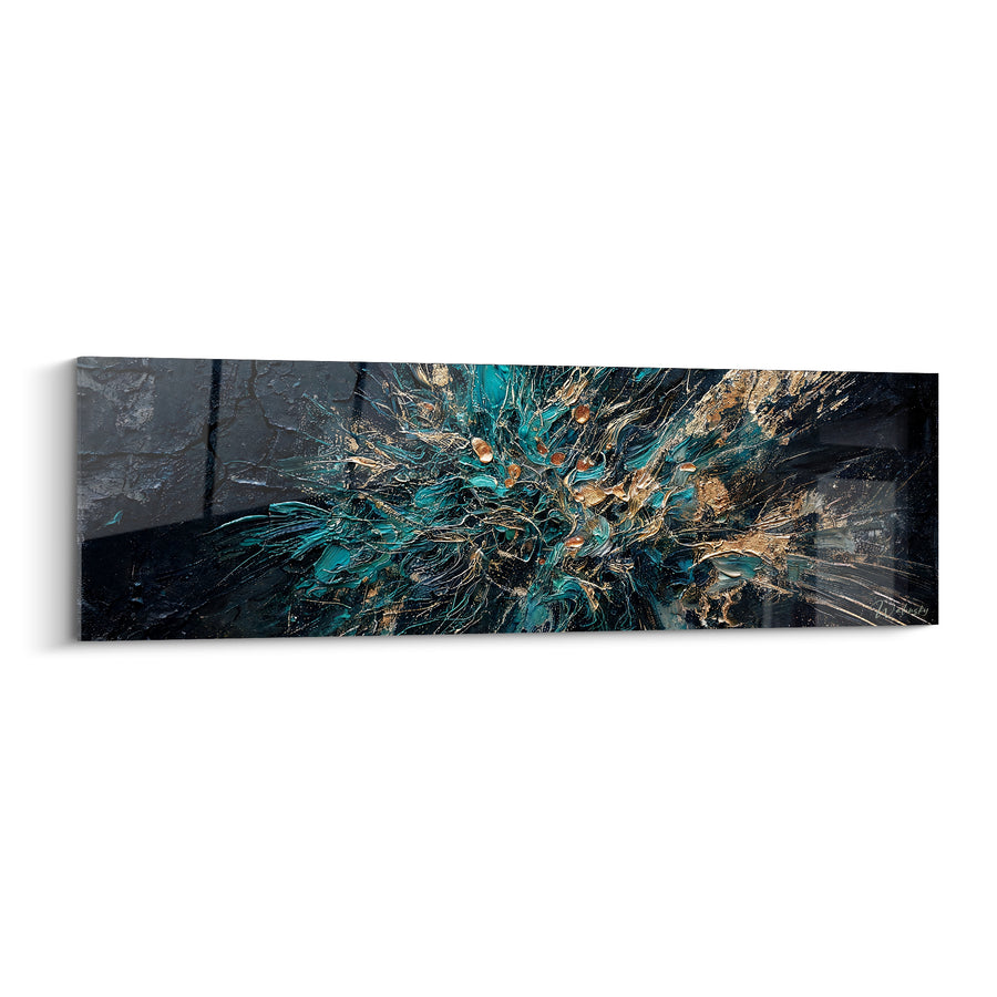 Tableau Explosion de fibres turquoise et dorées - Déflagration figée - Edition Abstrait noir et or
