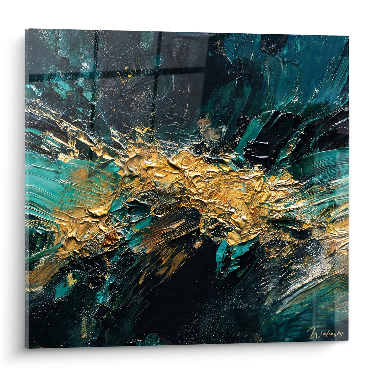 Tableau abstrait doré fendant un fond bleu sarcelle et noir, matière épaisse et texturée