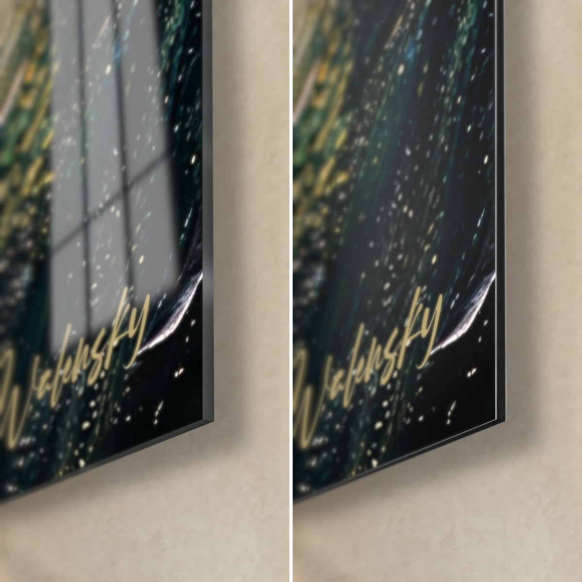 Tableau pâte épaisse or et turquoise, coin bas droit : verre acrylique brillant à gauche, Dibond noir mat et tranche de 3 mm