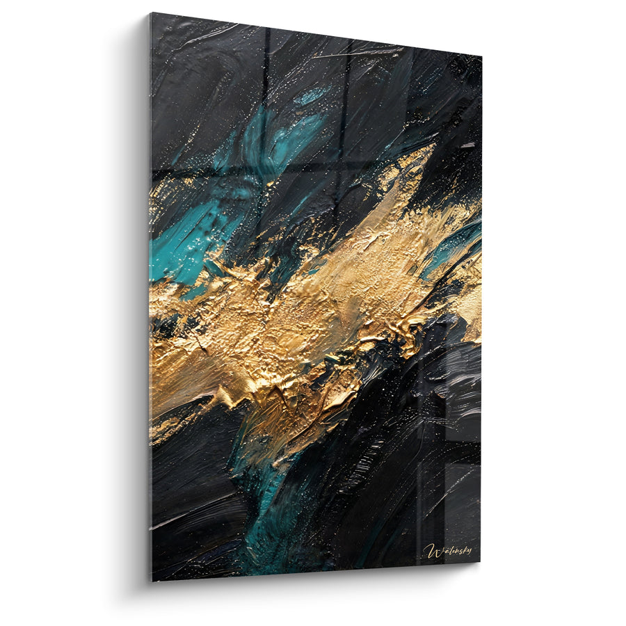 Tableau Faille dorée et sarcelle sur fond craquelé - Craquelures en relief - Edition Abstrait noir et or