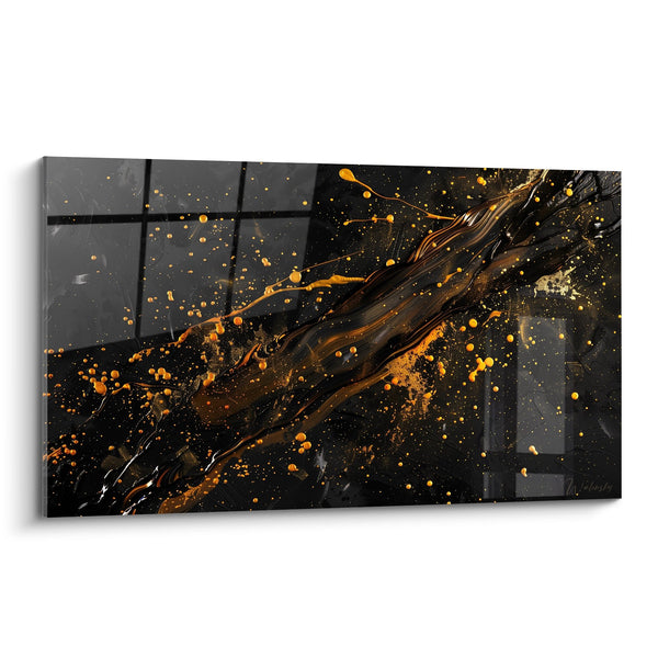 Cuadro de salpicaduras doradas sobre fondo negro con efecto dinámico - Energía Cósmica - Edición Abstracta negra y dorada