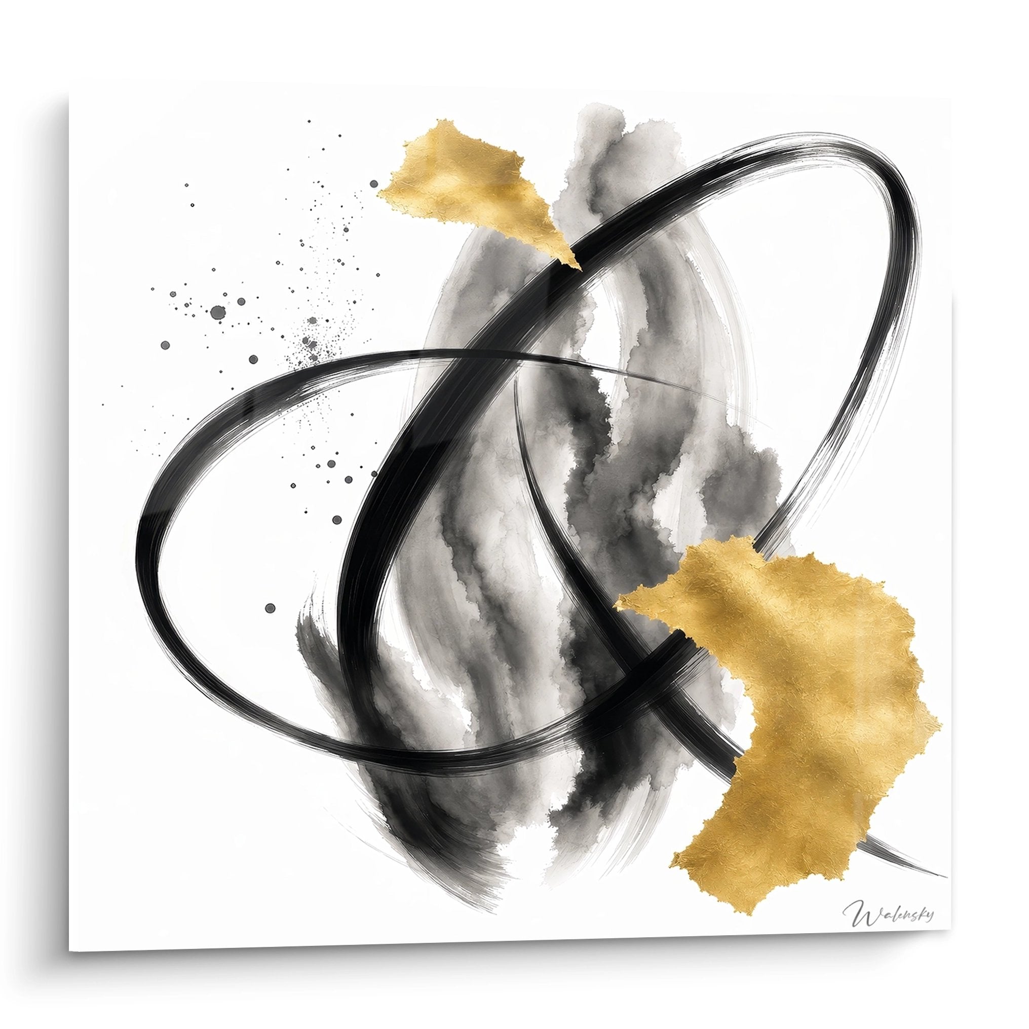 Tableau abstrait noir et or avec coups de pinceau tourbillonnants sur fond blanc