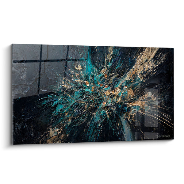 Tableau Explosion de filaments turquoise et dorés - Déflagration silencieuse - Edition Abstrait noir et or