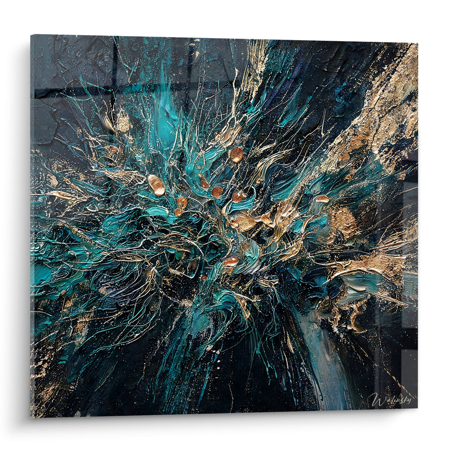 Tableau Éclaboussure turquoise et dorée en explosion - Déflagration céleste - Edition Abstrait noir et or