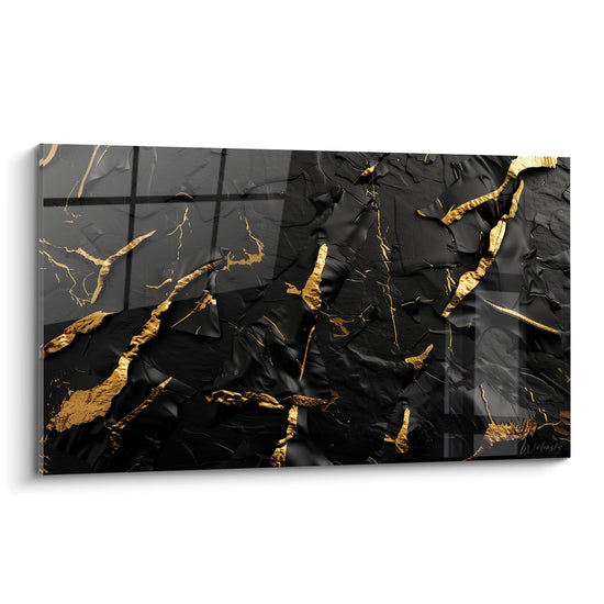 Tableau abstrait noir et or avec fissures dorées style kintsugi moderne sur fond sombre